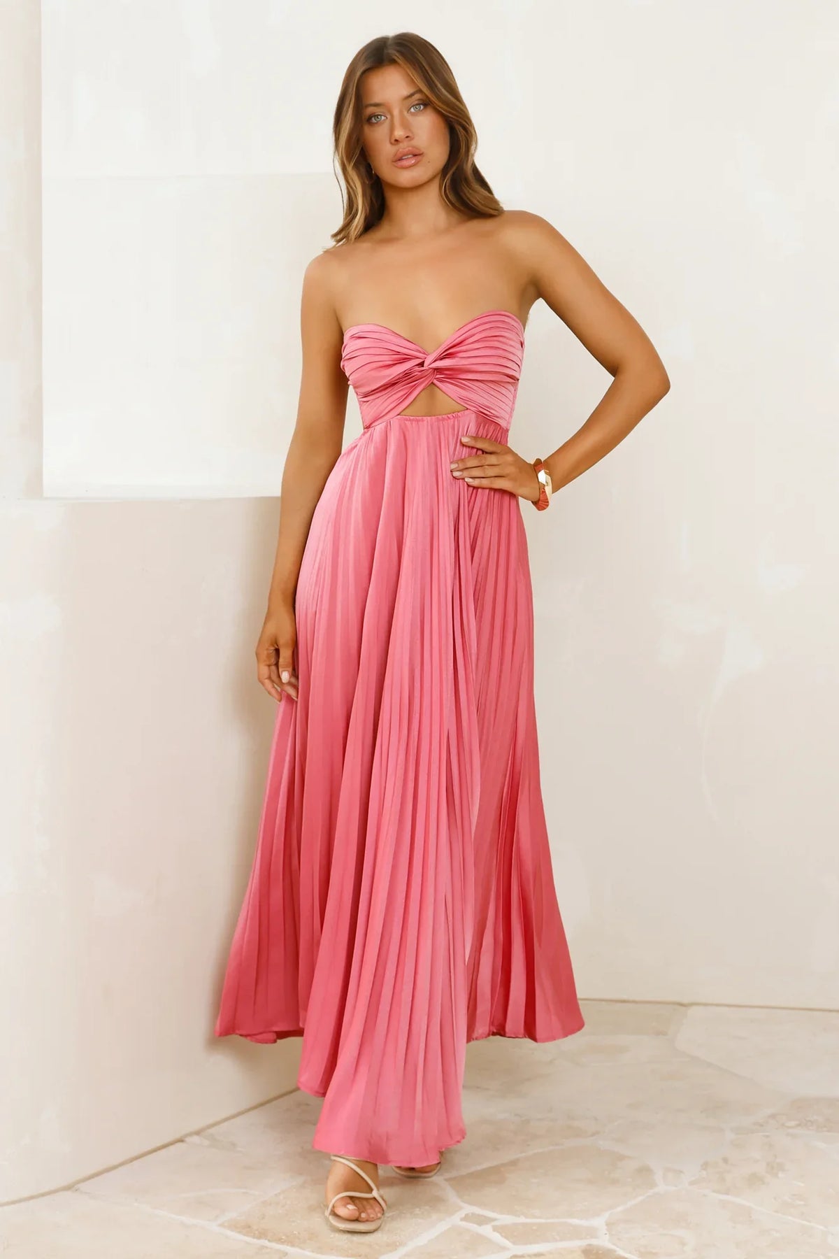 Vibes Are Priceless Strapless Satin Pleated Maxi Dress Rose