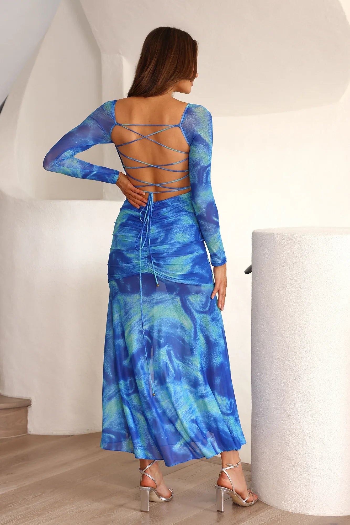 Technicolour Long Sleeve Maxi Dress Blue